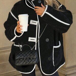 Black Preppy Women's Plus Size Turtleneck Faux Fur Coat with Pockets